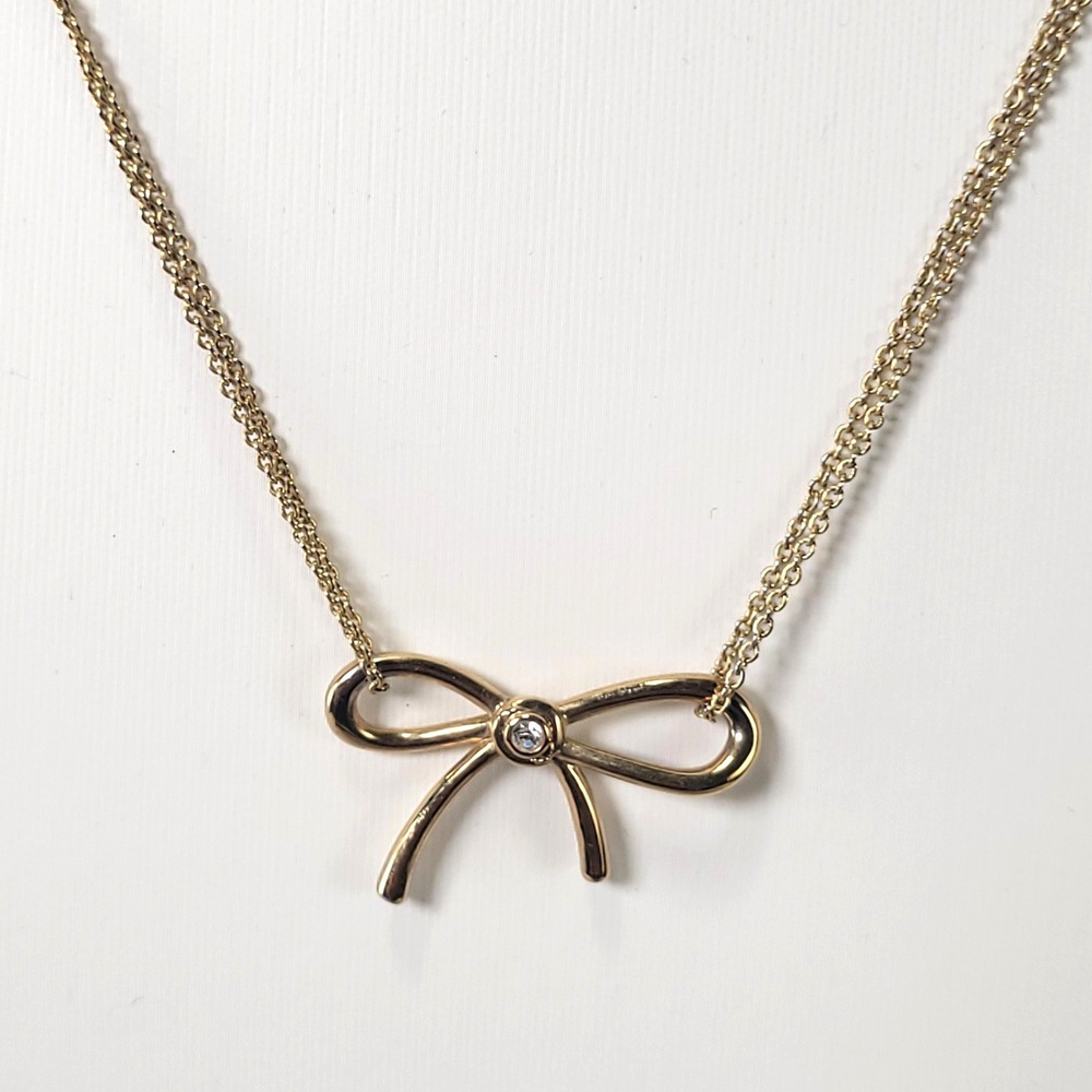Kate Spade Ribbon Bow Necklace Women Gold Tone Crystal Accent Double Strand